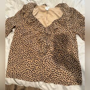 J Crew Womens Top Size Medium Leopard Animal Print Ruffle V-Neck Long Sleeve